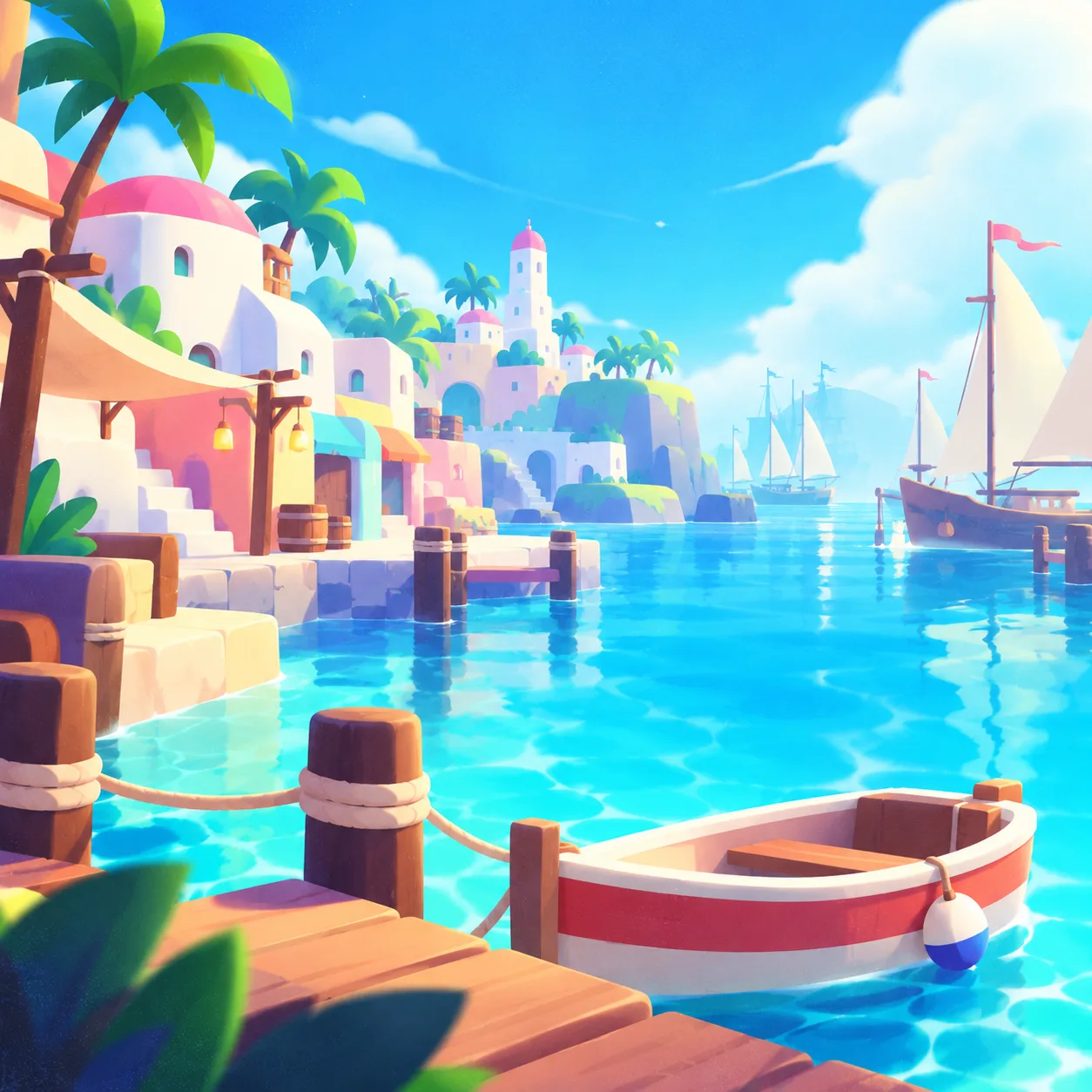 Nautilus harbour concept with pastel waterfront buildings, palms, and sailboats on turquoise water