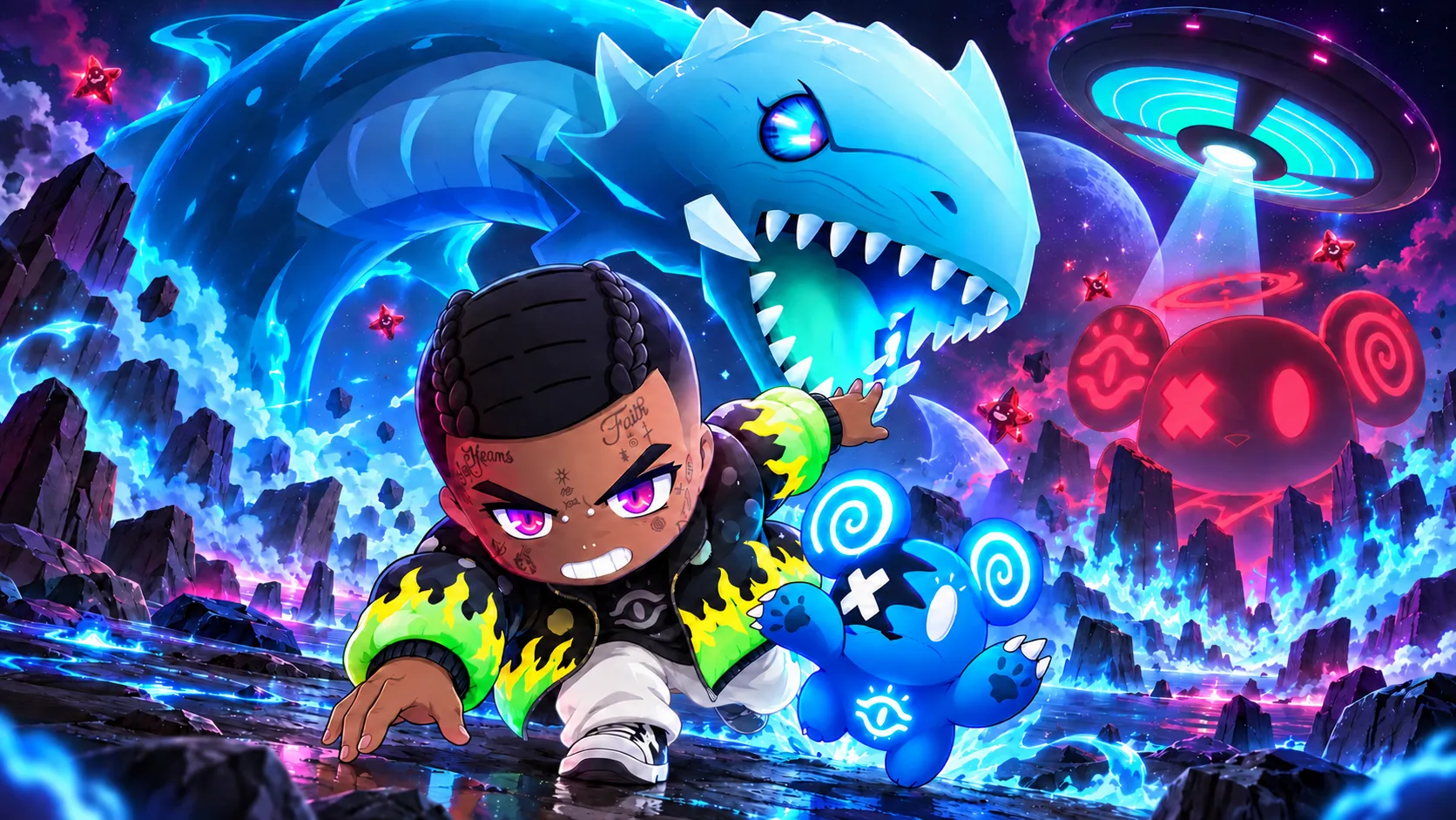 Shiro and a flame-jacketed friend beneath a blue dragon, surrounded by floating LIMs, crimson stars, a UFO and a distant red bear.