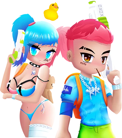 A blue-haired girl and pink-haired boy with water guns