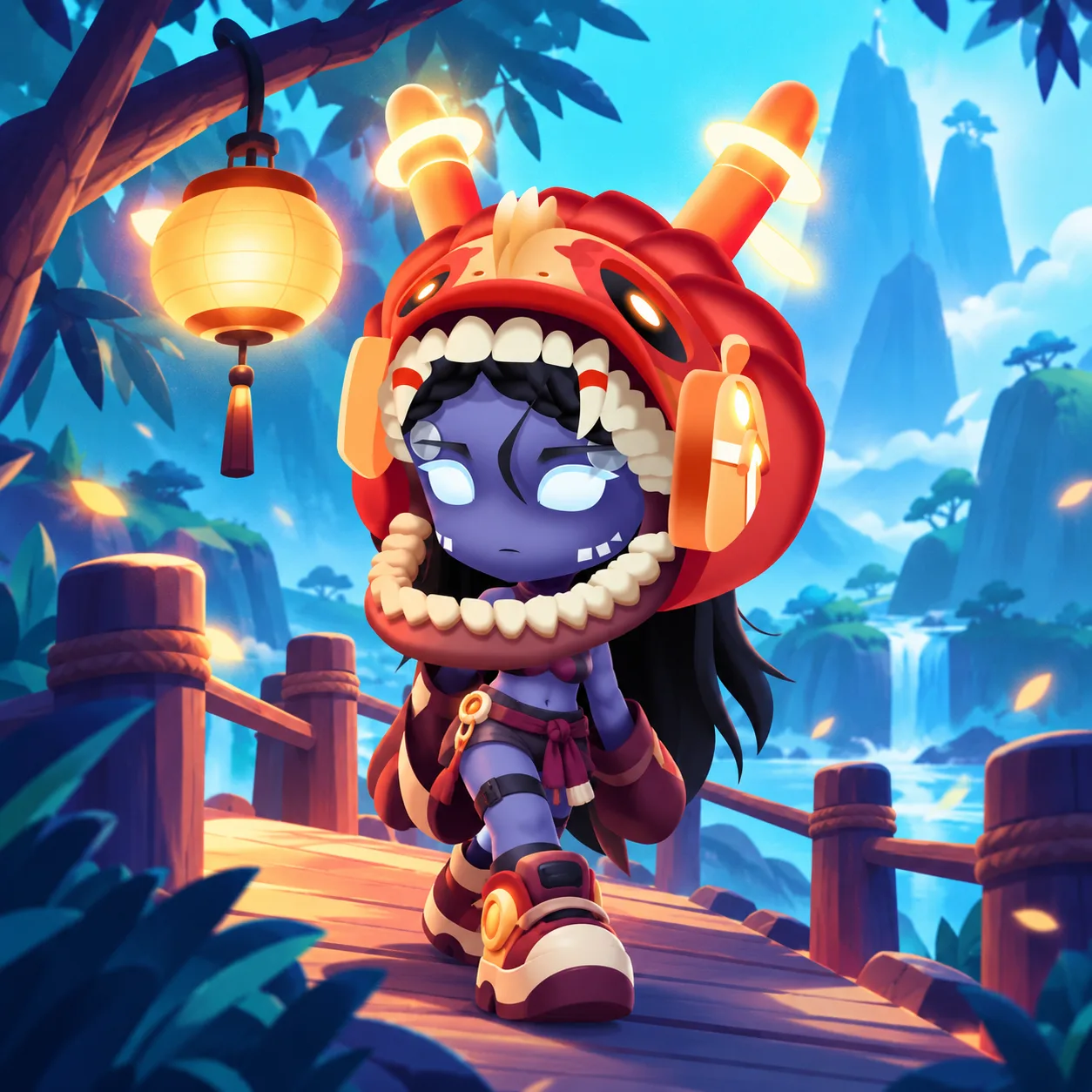 Nhara in her fanged red helmet crossing a lantern-lit bridge among blue mountain peaks