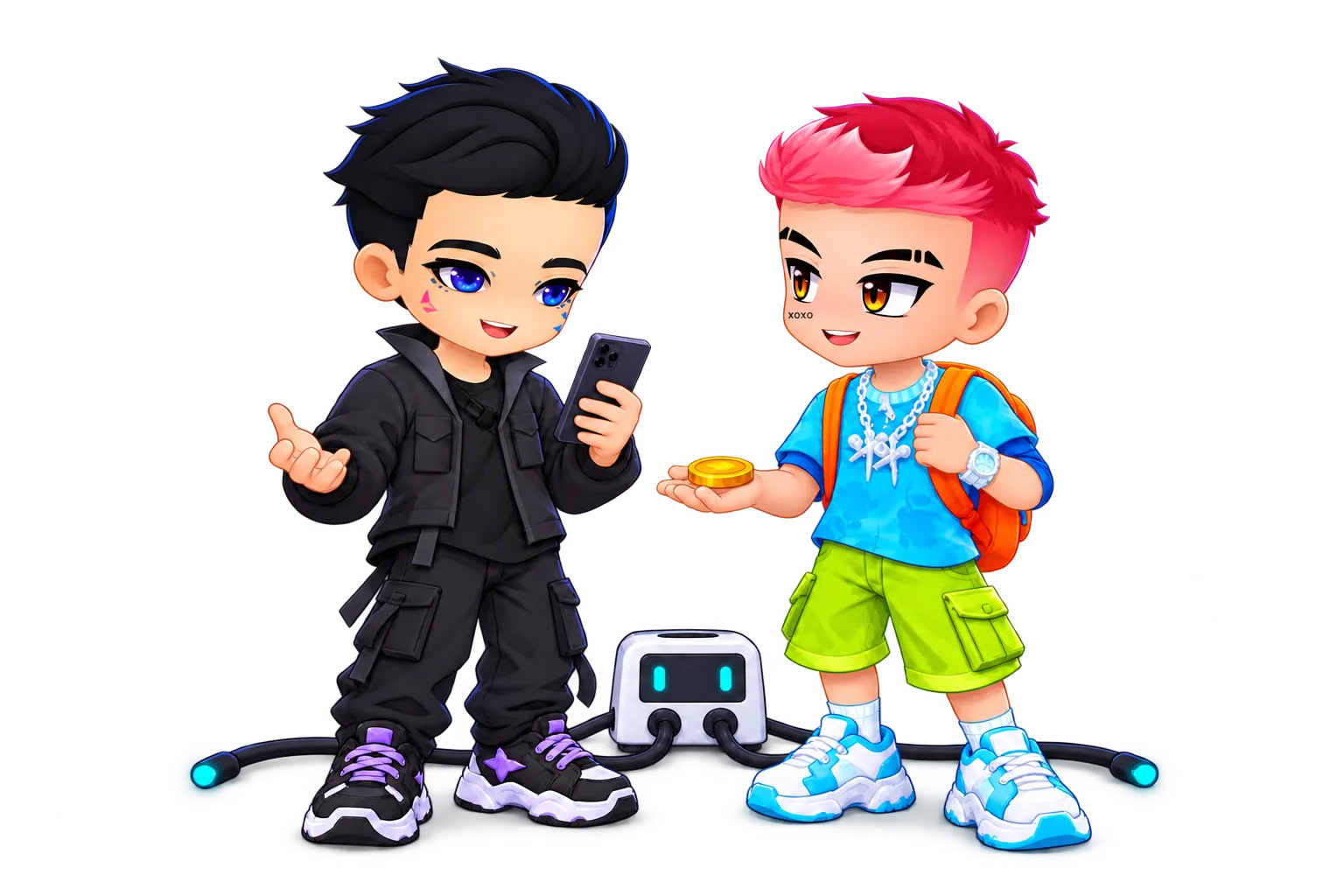 Two happy XFriends sharing a token exchange, one holding a phone