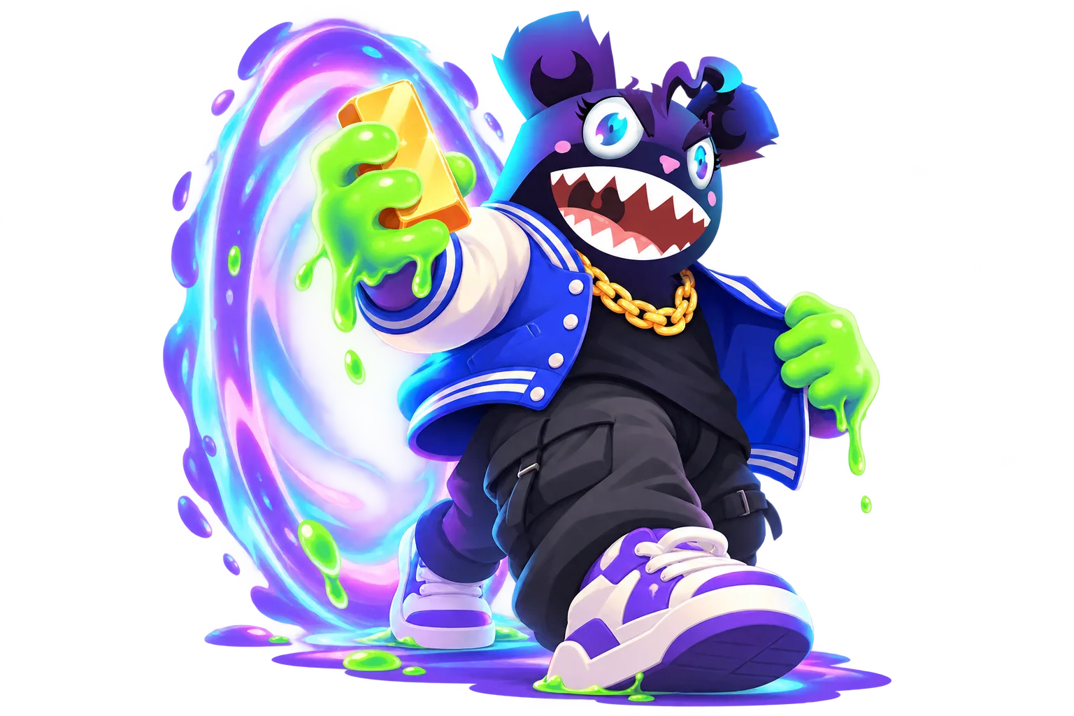 A dressed-up creature with green slime hands stepping out of a portal