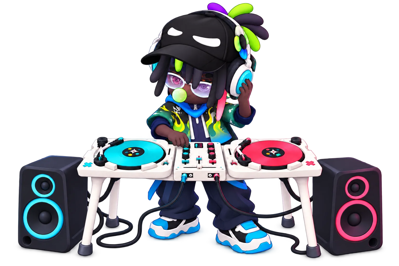 An XFriend DJ at the decks, surrounded by speakers and looping cables