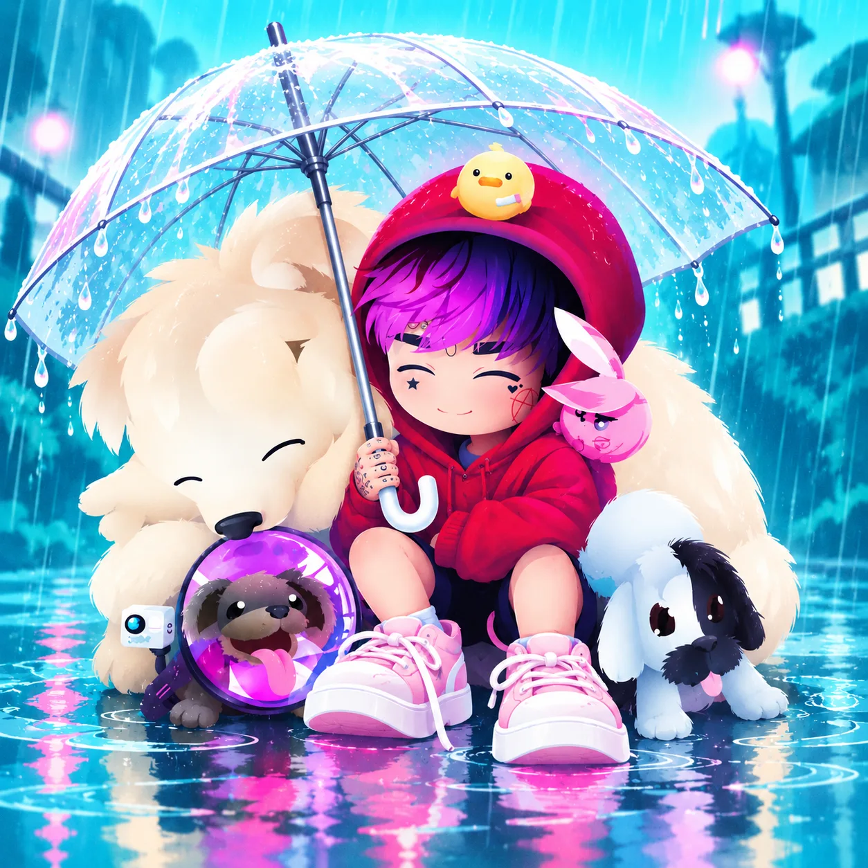 A purple-haired character in a red hoodie sheltering three dogs and a pink rabbit under a clear umbrella, with a small camera beside the dogs