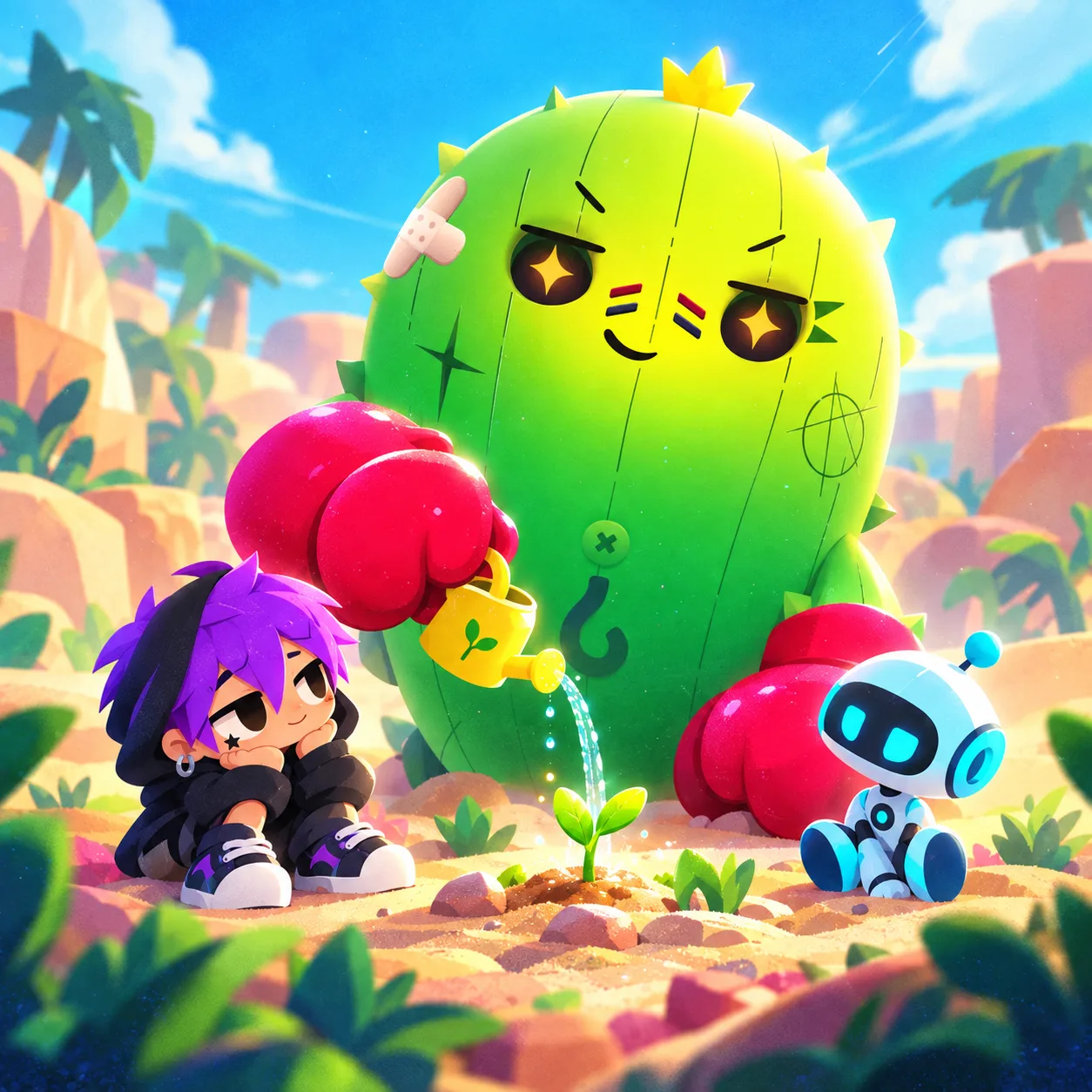 A crowned cactus in red boxing gloves watering a seedling beside a purple-haired companion and a small blue robot