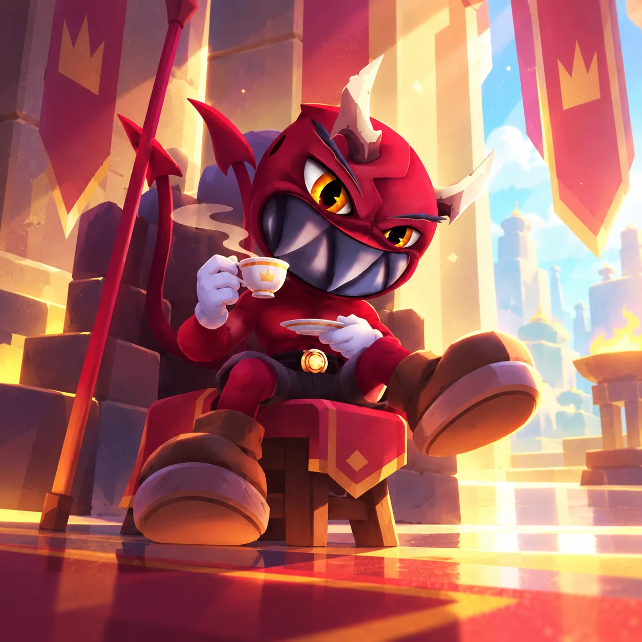 A red horned warrior relaxing on a throne with a steaming teacup and saucer in a sunlit hall